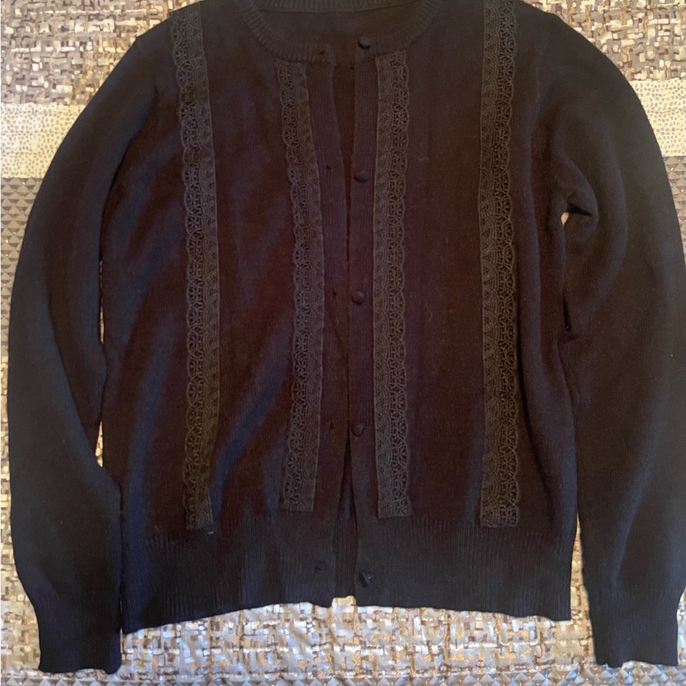 Black Lace-Trim Button Cardigan